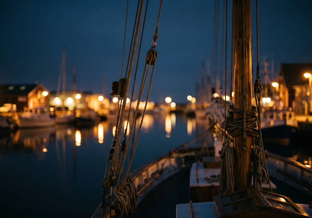 A harbour at blue hour, masts and distant lamps turned into soft circles over calm water