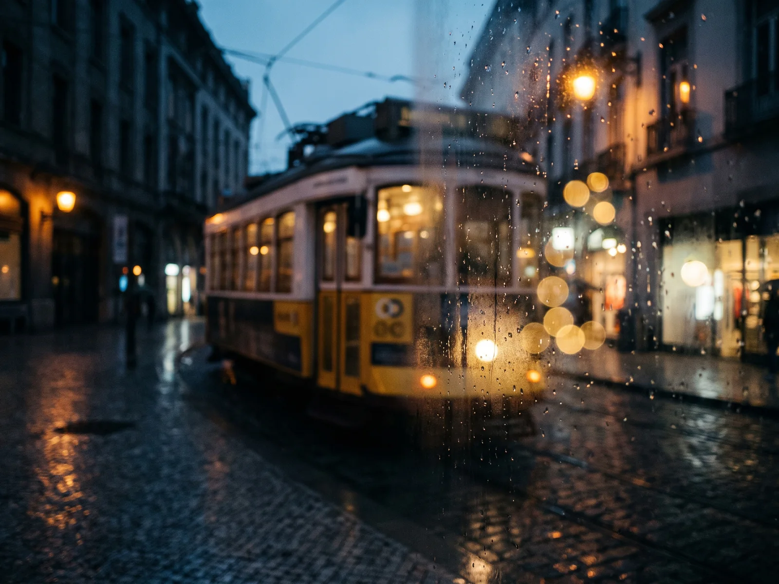 A night tram passing through rain, the city lights behind it melted into round highlights